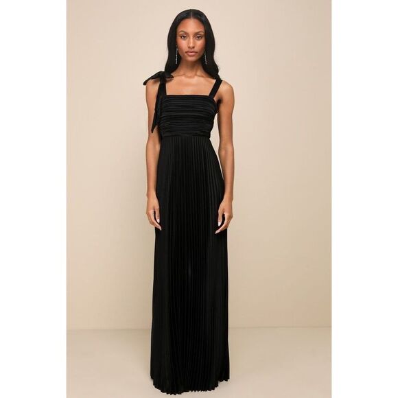 Lulus Gorgeous Purpose Black Satin Pleated Sleeveless Bow Maxi Dress - Size L - Picture 1 of 1